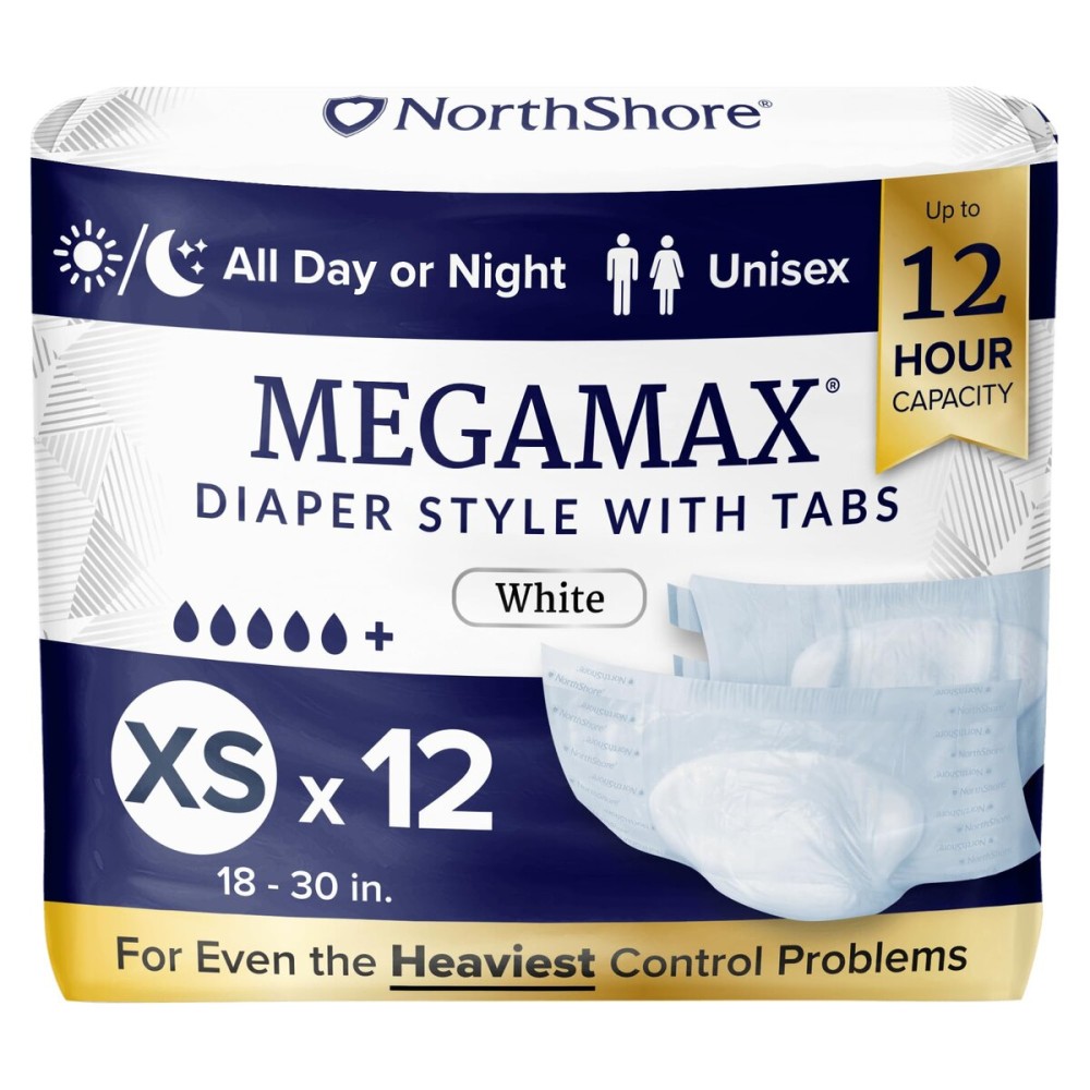 NorthShore MegaMax Adult Overnight Diapers, 12-Hour Tab-Style, X-Small, 12 Count Bag, White, 18-30 inches, Unisex Incontinence Underwear