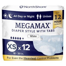 NorthShore MegaMax Adult Overnight Diapers, 12-Hour Tab-Style, X-Small, 12 Count Bag, White, 18-30 inches, Unisex Incontinence Underwear