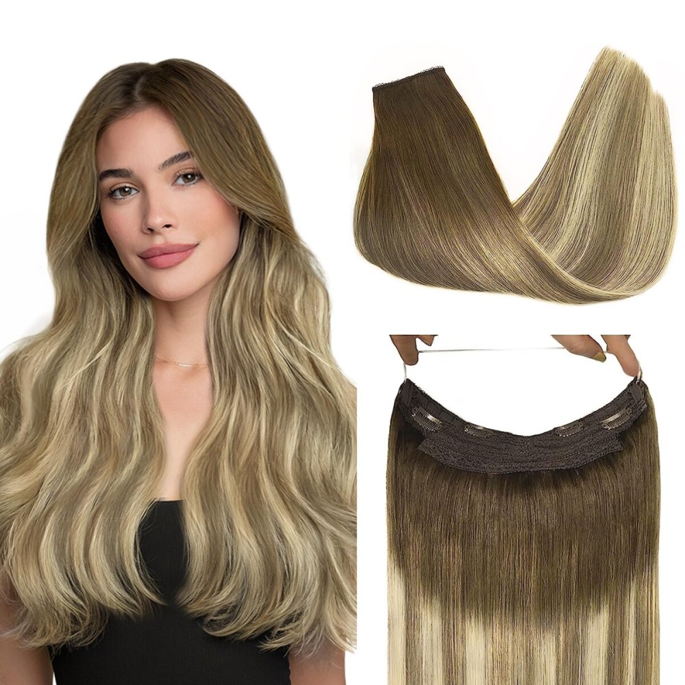 GOO GOO Wire Hair Extensions Human Hair, 3/8/613 Walnut Brown with Ash Brown and Bleach Blonde Balayage 12inch 70g, Invisible Wire Hair Extensions with Transparent, Seamless Fish Line Hairpiece