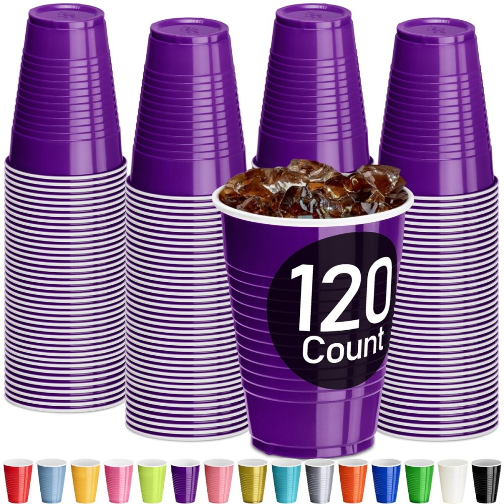 DecorRack Purple Plastic Cups, 12 oz Disposable Cups, Reusable Party Supplies (120 Count)
