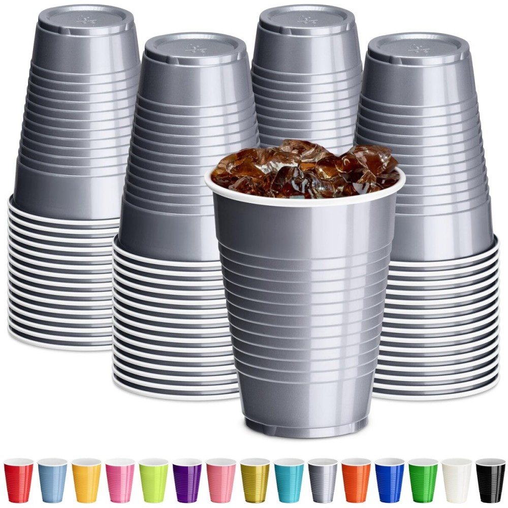 DecorRack Gray Plastic Cups, 12 oz Disposable Cups, Reusable Party Supplies (40 Count)