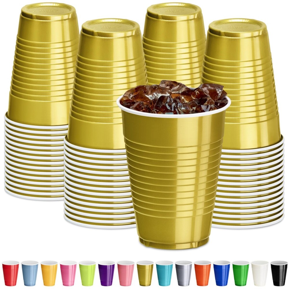 DecorRack Gold Plastic Cups, 12 oz Disposable Cups, Reusable Party Supplies (40 Count)