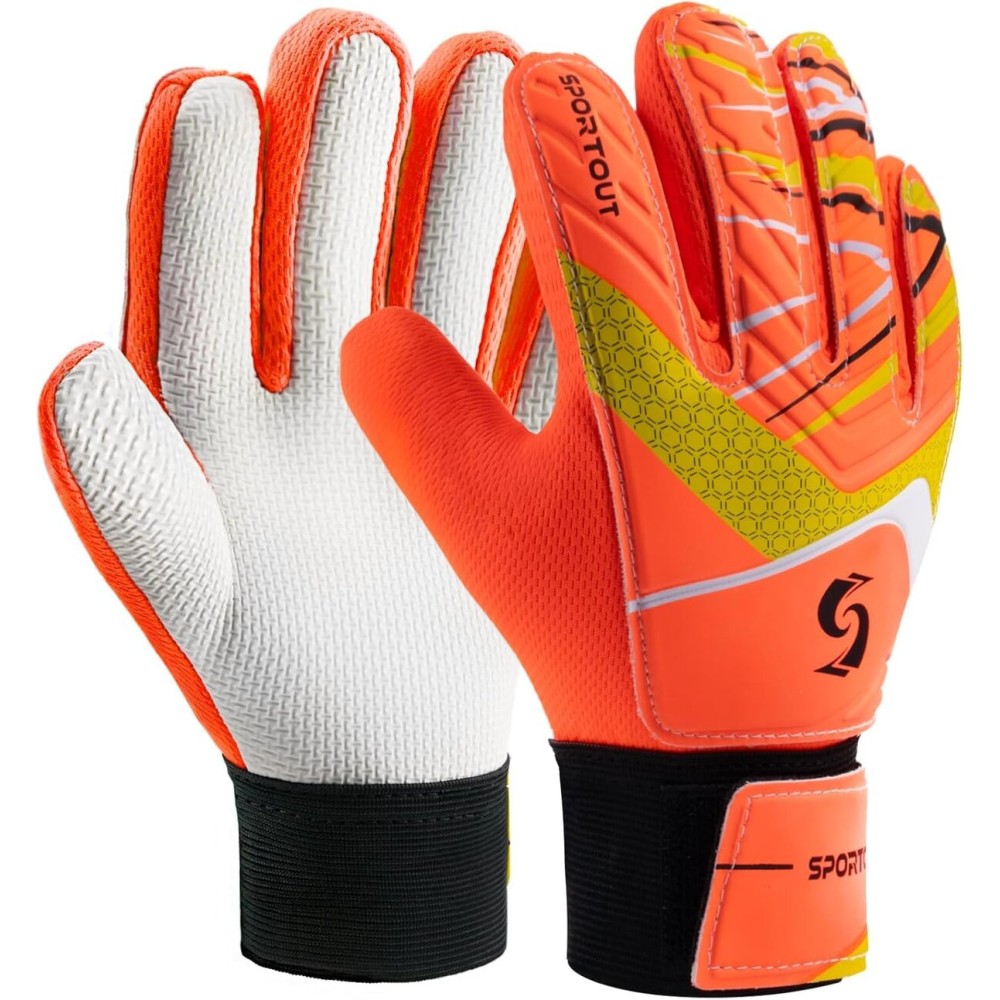 Sportout Kids Goalkeeper Gloves, Soccer Gloves with Double Wrist Protection and Non-Slip Wear Resistant Latex Material to Prevent Injuries (Orange, Size 7 Suitable for 12 to 14 Years Old)