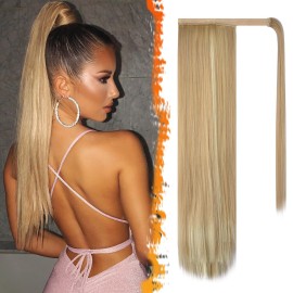 BARSDAR Light Ash Blonde Straight Ponytail Extension - 24 Inch Long Straight Wrap Around Ponytail for Women, Clip in Ponytails Hair Extensions Synthetic Blonde Pony Tails Hairpieces Daily