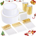 Supernal 350pcs Gold Plastic Dinnerware Set for 50 Guests,Fancy Disposable Plates for Party,Gold Plastic Silverware with White Handle,Disposable White Plates Wedding,Birthday