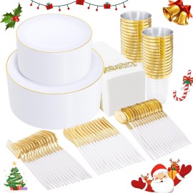 Supernal 350pcs Gold Plastic Dinnerware Set for 50 Guests,Fancy Disposable Plates for Party,Gold Plastic Silverware with White Handle,Disposable White Plates Wedding,Birthday