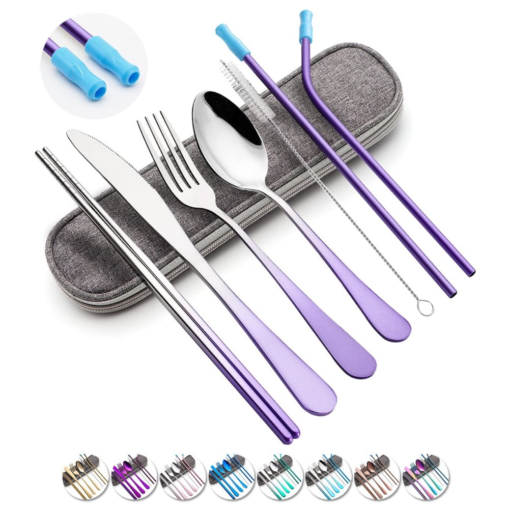 Travel Utensils Set with Case Reusable Portable Cutlery Set Stainless Steel 8pcs Including Dinner Knife Fork Spoon Chopsticks straws (Gradient Purple)