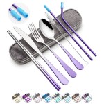 Travel Utensils Set with Case Reusable Portable Cutlery Set Stainless Steel 8pcs Including Dinner Knife Fork Spoon Chopsticks straws (Gradient Purple)