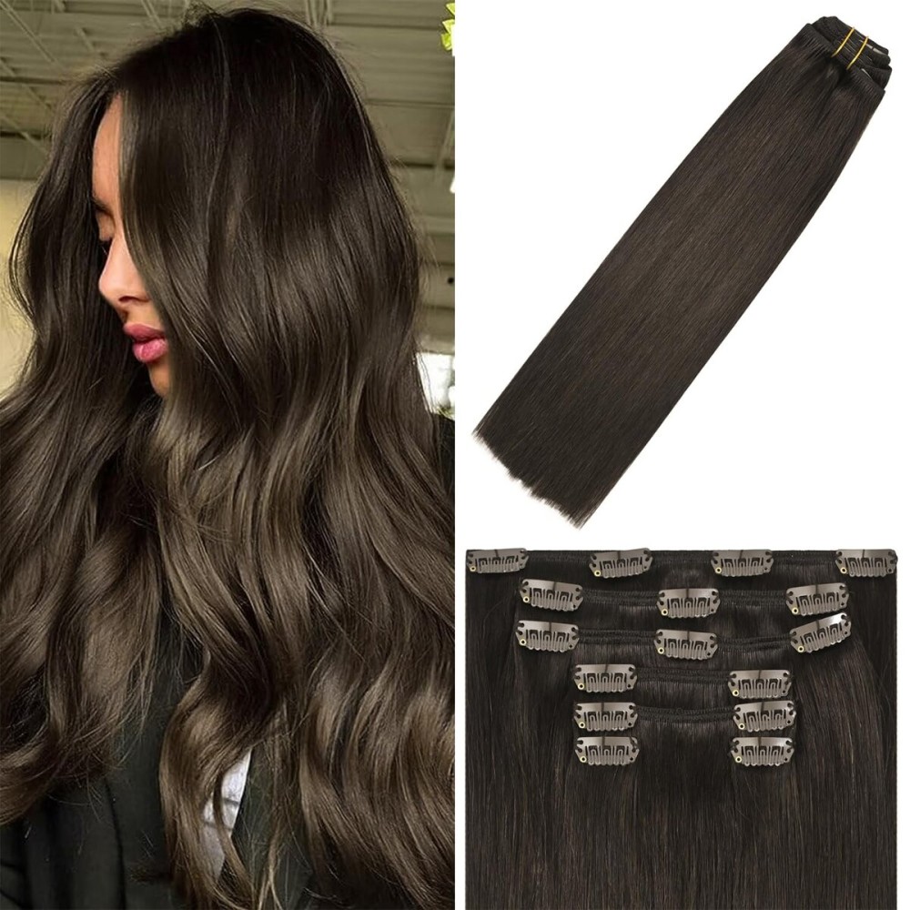 WindTouch Clip In Hair Extensions Real Human Hair Dark Brown Hair Extensions 18Inch 75g 2 7PCS Human Hair Clip in Extensions