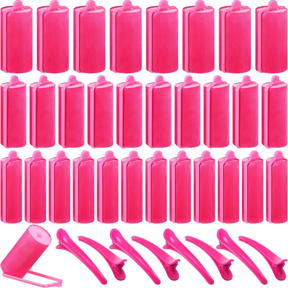 40 Pieces Sponge Hair Rollers Satin Rollers Silk Foam Rollers Women Hair Curlers with Duck Teeth Clips for Hairdressing Styling(Multi-size,Rose Red)