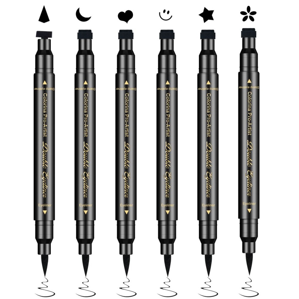 Ownest 6Pcs Eyeliner Stamp, Double-End Eyeliner Stamp Pen, Waterproof Eye Liner Tattoo Makeup-Smiley+Triangle+Heart+Star+Moon+Flower