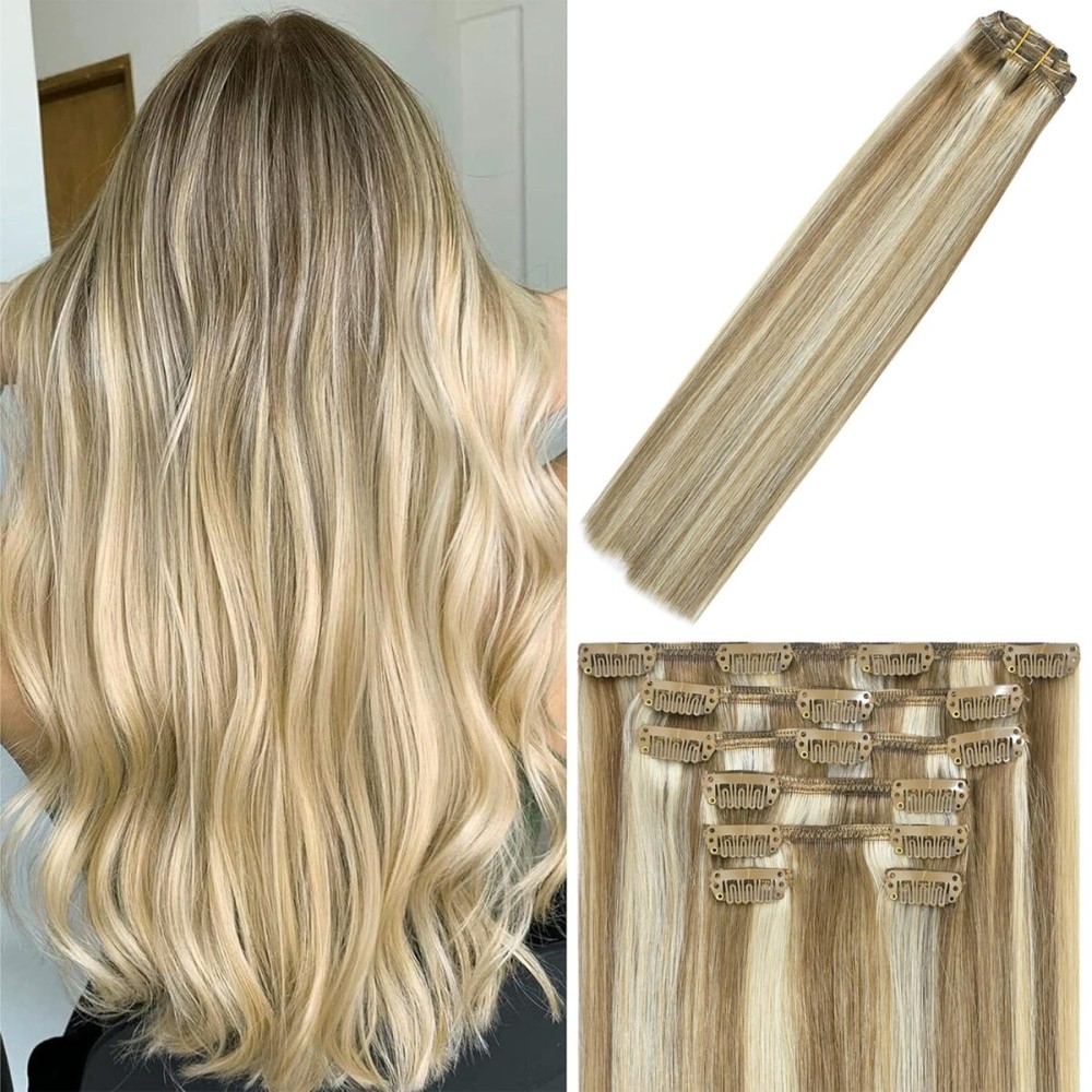 WindTouch Clip in Hair Extensions Real Human Hair Balayage Mixed Bleach Blonde Hair Extensions 15Inch 75g 7PCS Highlights Straight Blonde Clip in Extensions for Women
