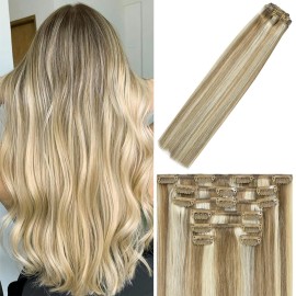 WindTouch Clip in Hair Extensions Real Human Hair Balayage Mixed Bleach Blonde Hair Extensions 15Inch 75g 7PCS Highlights Straight Blonde Clip in Extensions for Women