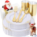 Nervure 175PCS White and Gold Plastic Plates - Disposable Dinnerware Set Include 50 Gold Plates for Dinner and Dessert, 75 Cutlery, 25Cups 25Napkins for Wedding & Party & Thanksgiving