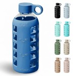 purifyou 40oz / 32oz / 22oz / 12oz Borosilicate Glass Water Bottle with Time & Volume Markers, Silicone Sleeve, Stainless Steel Lid | Reusable Glass Bottle for Water & Juice (22oz Chinese Porcelain)