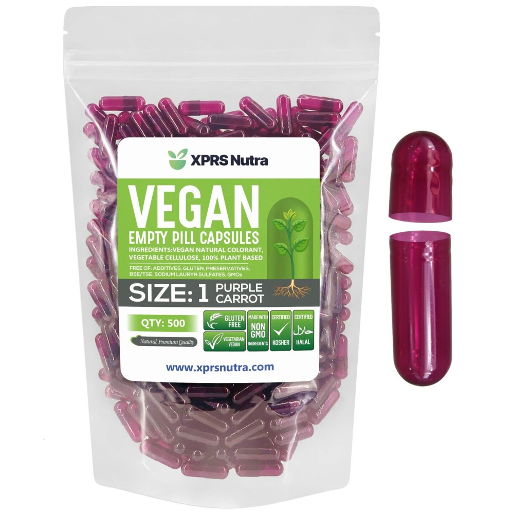 XPRS Nutra Size 1 Empty Capsules - 500 Count Empty Vegan Capsules - Vegetarian Pills - DIY Vegetable Capsule Filling- Veggie Pill Caps for Do-It-Yourself Supplements (Purple Carrot)