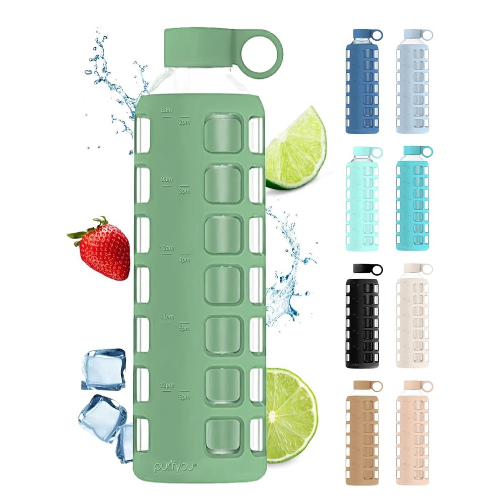 purifyou 40oz / 32oz / 22oz / 12oz Borosilicate Glass Water Bottle with Time & Volume Markers, Silicone Sleeve, Stainless Steel Lid | Reusable Glass Bottle for Water & Juice (32oz Shale Green)