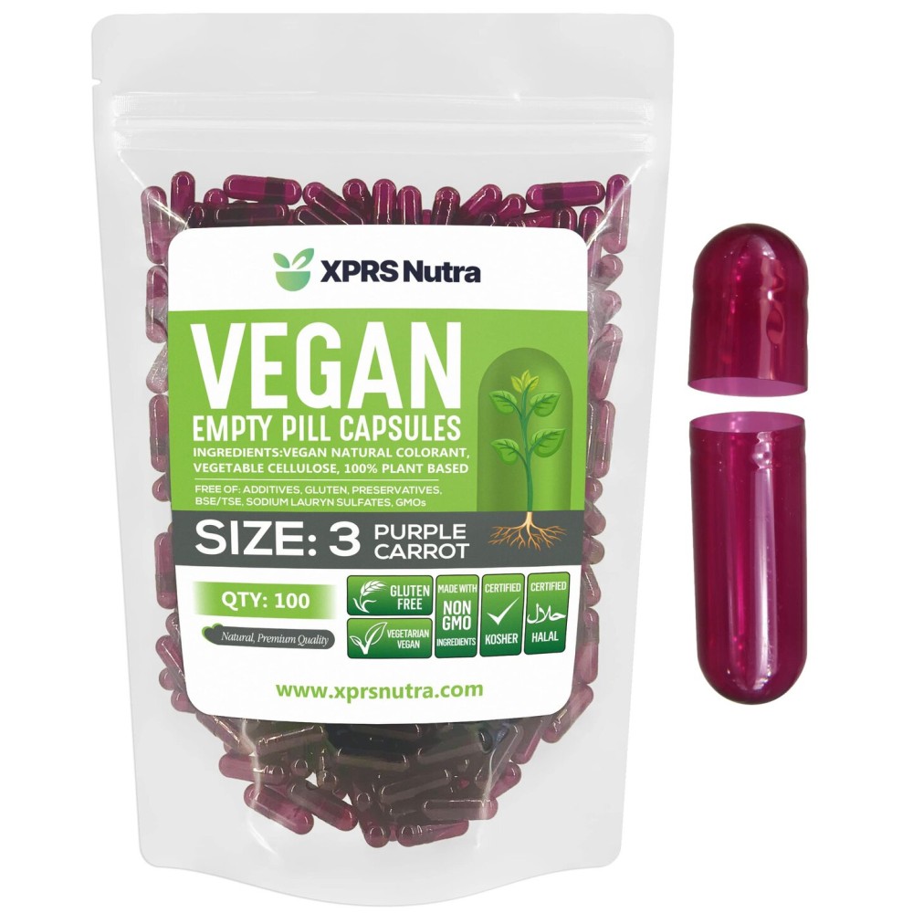 XPRS Nutra Size 3 Empty Capsules - 100 Count Empty Vegan - Vegetarian Empty Pills - DIY Vegetable Capsule Filling - Veggie Pill Caps (Purple Carrot)