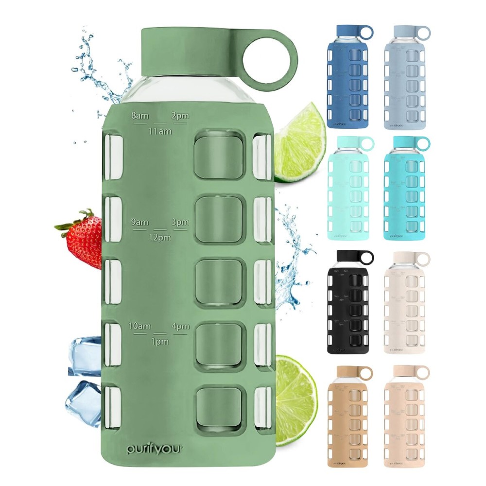 purifyou 40oz / 32oz / 22oz / 12oz Borosilicate Glass Water Bottle with Time & Volume Markers, Silicone Sleeve, Stainless Steel Lid | Reusable Glass Bottle for Water & Juice (22oz Shale Green)
