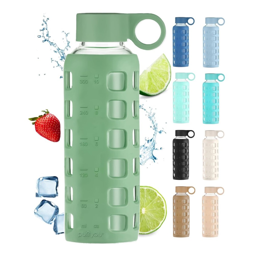 purifyou 40oz / 32oz / 22oz / 12oz Borosilicate Glass Water Bottle with Time & Volume Markers, Silicone Sleeve, Stainless Steel Lid | Reusable Glass Bottle for Water & Juice (12oz Shale Green)