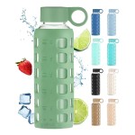 purifyou 40oz / 32oz / 22oz / 12oz Borosilicate Glass Water Bottle with Time & Volume Markers, Silicone Sleeve, Stainless Steel Lid | Reusable Glass Bottle for Water & Juice (12oz Shale Green)