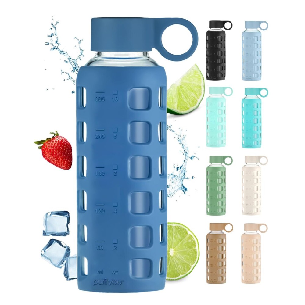 purifyou 40oz / 32oz / 22oz / 12oz Borosilicate Glass Water Bottle with Time & Volume Markers, Silicone Sleeve, Stainless Steel Lid | Reusable Glass Bottle for Water & Juice (12oz Chinese Porcelain)