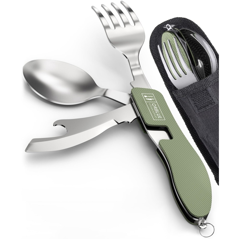 Orblue 4-in-1 Camping Eating Utensils, 2-Pack - Portable Spoon, Fork, Knife & Bottle Opener Combo Set - Stainless Steel Flatware with Detachable Fork - Backpacking Cutlery Multitool, Olive Green
