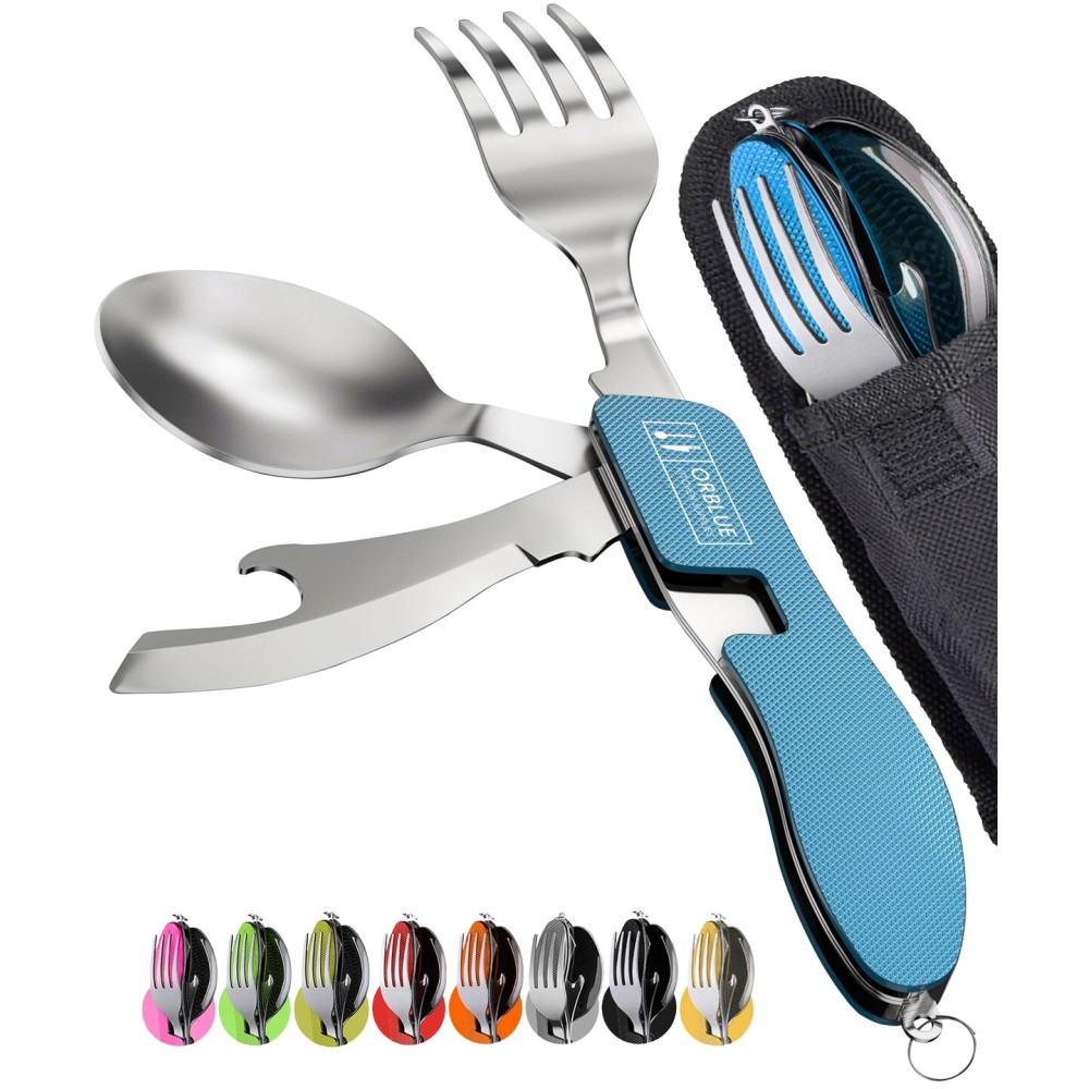 Orblue 4-in-1 Camping Eating Utensils, 2-Pack - Portable Spoon, Fork, Knife & Bottle Opener Combo Set - Stainless Steel Flatware with Detachable Fork - Travel, Backpacking Cutlery Multitool, Blue
