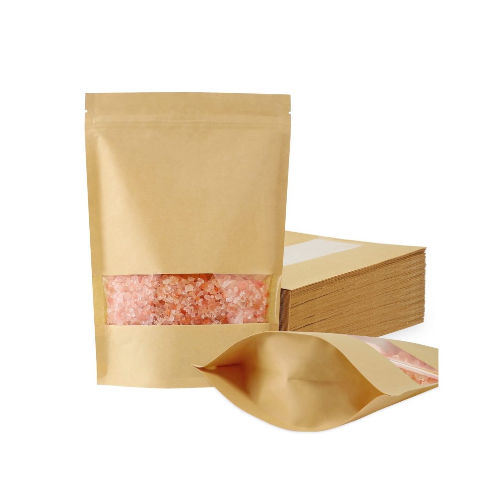 FireKylin 100 Pcs Brown Paper Bags with Window, 6.7 x 9.4 Stand Up Pouches, Food Storage Bags for Packaging Products, Reusable, Sealable
