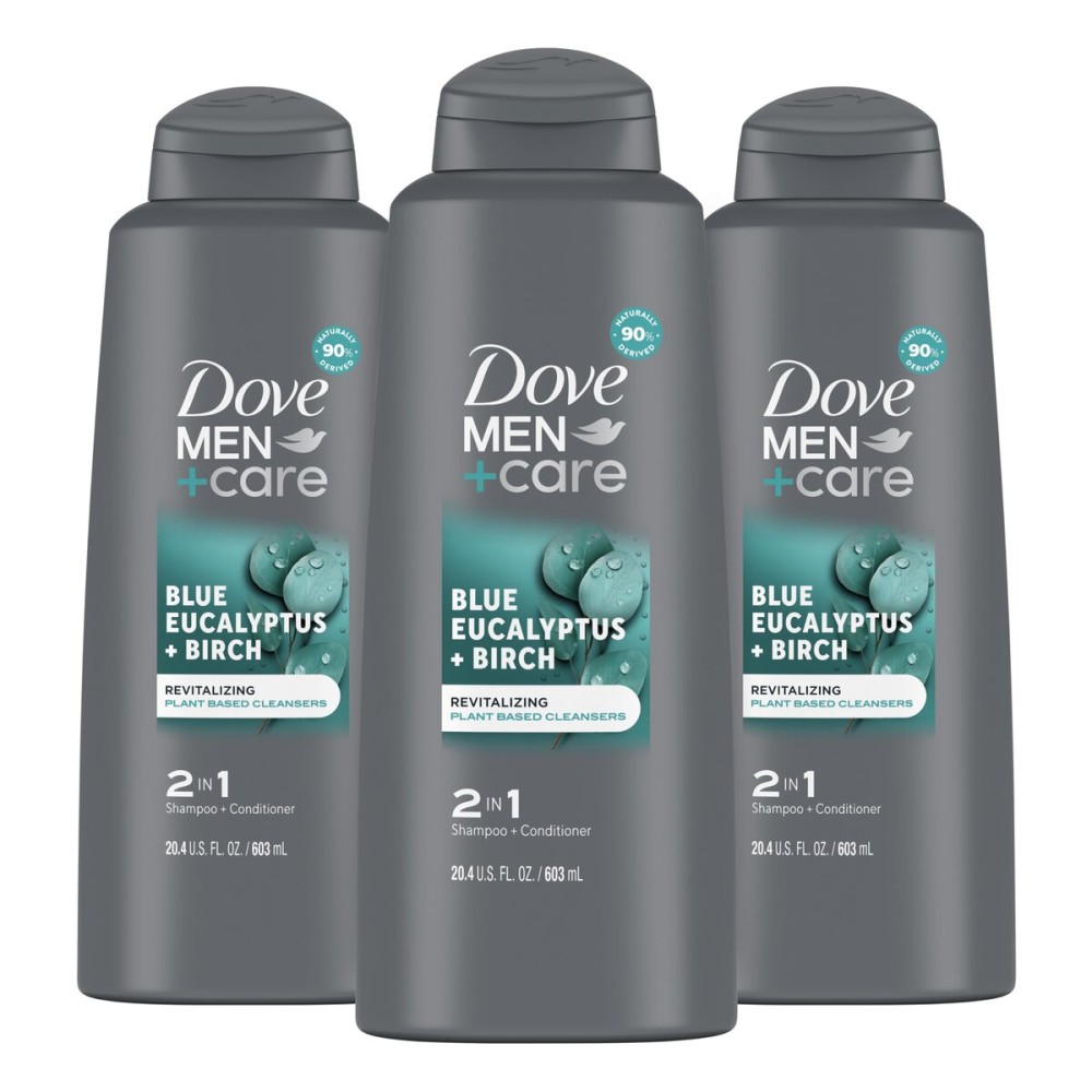 DOVE MEN + CARE 2 in 1 Shampoo Conditioner Eucalyptus + Birch 3 Count For Healthy-Looking Hair Naturally Derived Plant Based Cleansers 20.4 oz