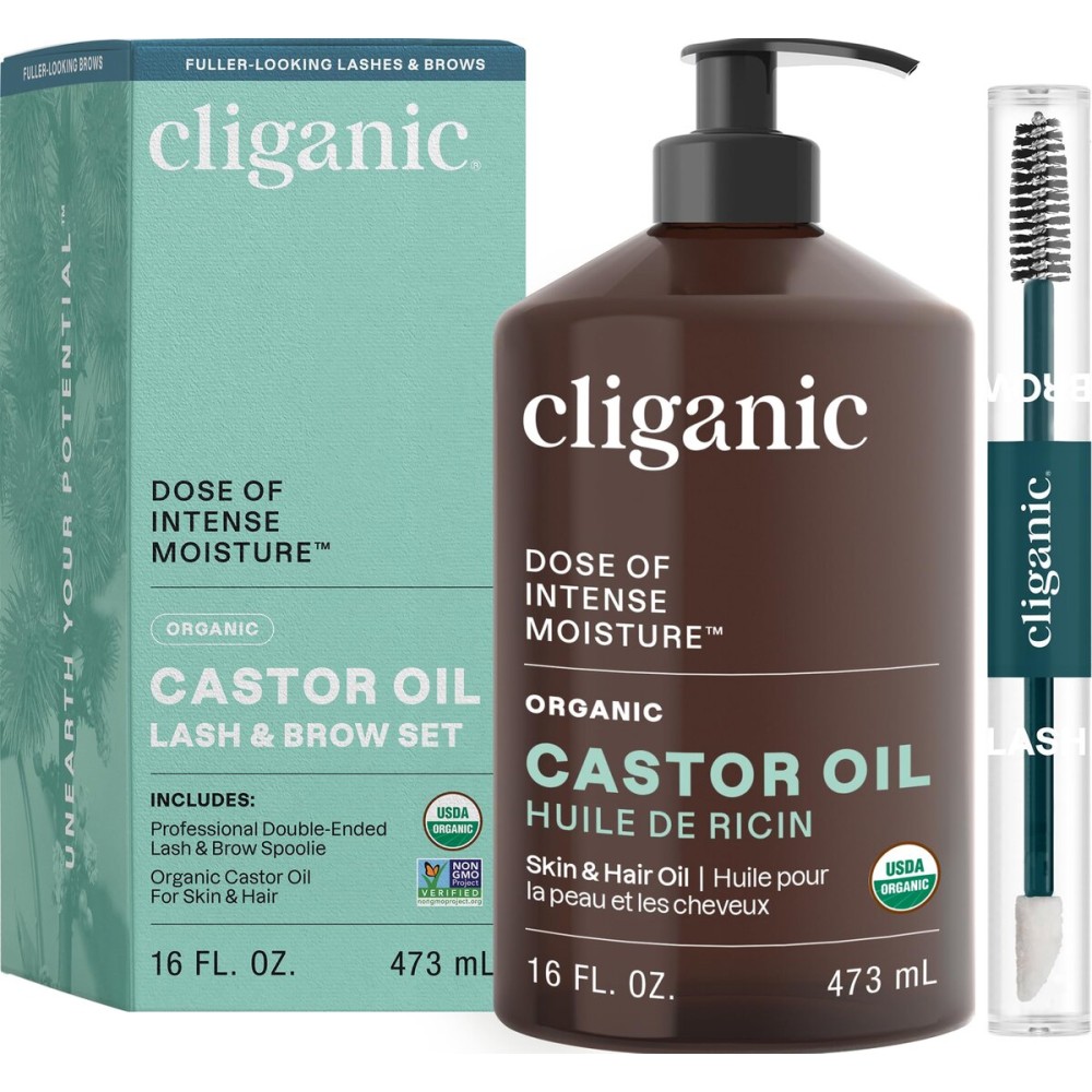 Cliganic Organic Castor Oil, 100% Pure (16oz with Eyelash Kit) - For Eyelashes, Eyebrows, Hair & Skin | Bulk, Natural Cold Pressed Unrefined Hexane-Free | DIY Carrier Oil