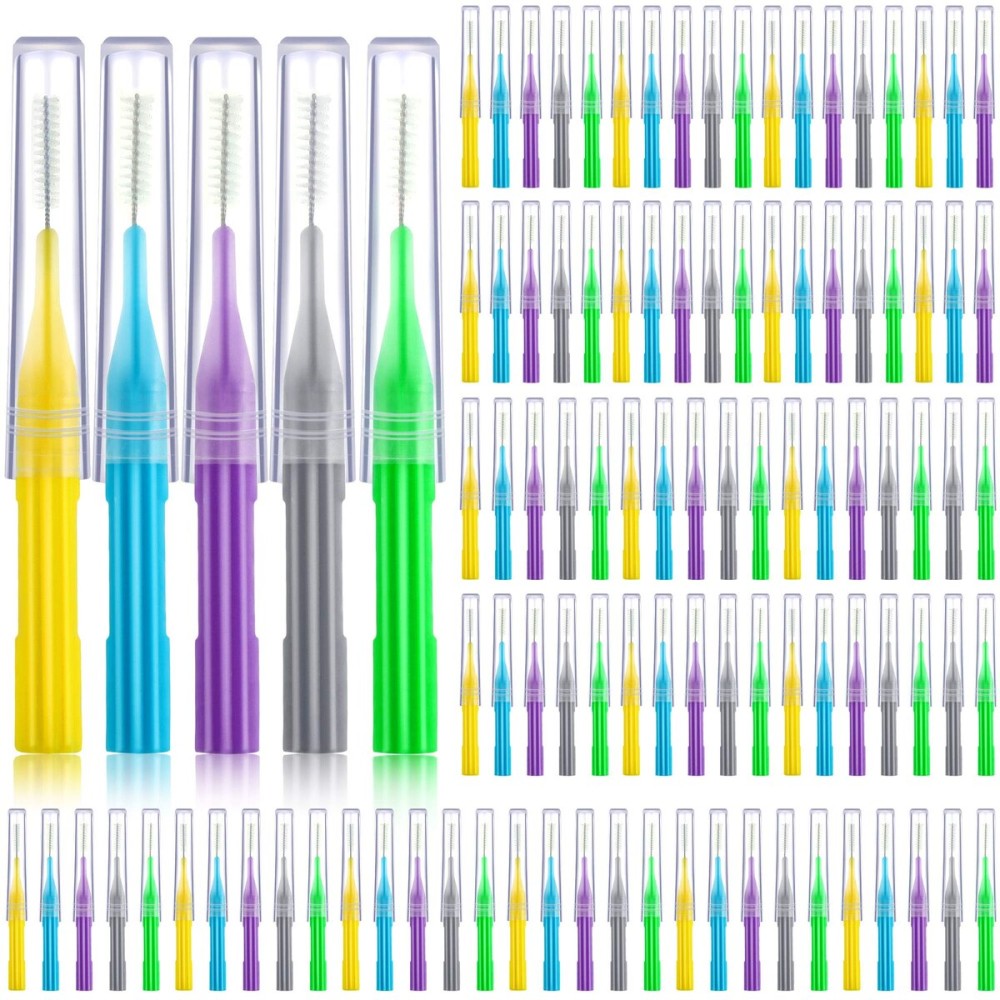 100 Pieces Braces Brush for Cleaner Interdental Brush Toothpick Dental Flossing Head Oral Hygiene Flosser Tooth Cleaning Tool (Light Blue, Yellow, Gray, Purple, Green)
