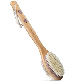 MainBasics Back Scrubber for Shower - Long Handle Dual-Sided Brush for Body Wash & Scrubbing with Exfoliating & Soft Bristles (Lavender, Wood)