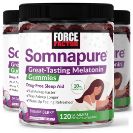 Force Factor Somnapure Gummies with Melatonin for Adults, Non-Habit-Forming Sleep Aid Supplement for Deep Sleep, Stay Asleep Longer, Wake Up Refreshed, Dream Berry Flavor, 360 Gummies (Pack of 3)