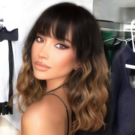 AISI HAIR Ombre Brown Short Wavy Bob Wigs with Bangs for Women Ombre Brown Wavy Wig Natural Looking Resistant Fiber Synthetic Hair for Daily