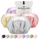 Shower Cap for Women Reusable Extra Large Shower Caps for Men Satin Double Layer EVA Waterproof Long Hair Caps(Silver Gray, Orchid, Gold, Pink 4 Pack)