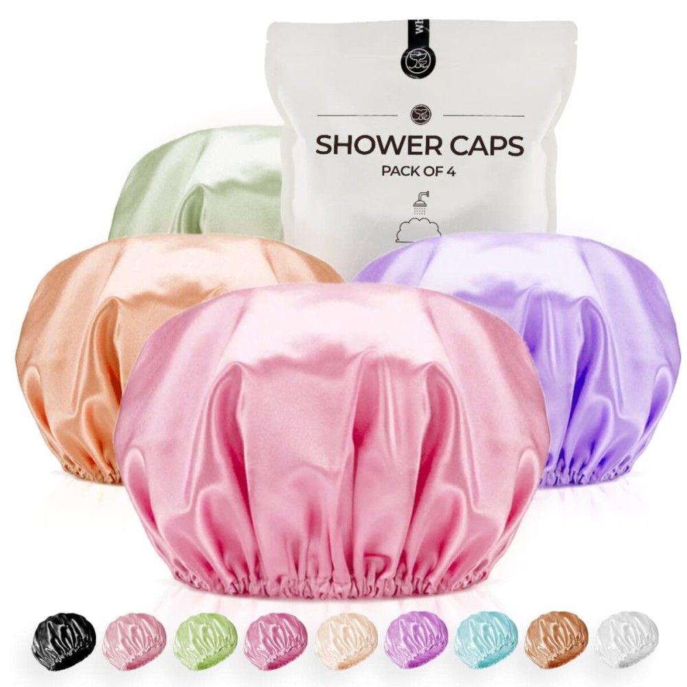 Shower Cap for Women Reusable Extra Large Shower Caps for Men Satin Double Layer EVA Waterproof Long Hair Caps(Light Purple, Brown, Pink, Green 4 Pack)