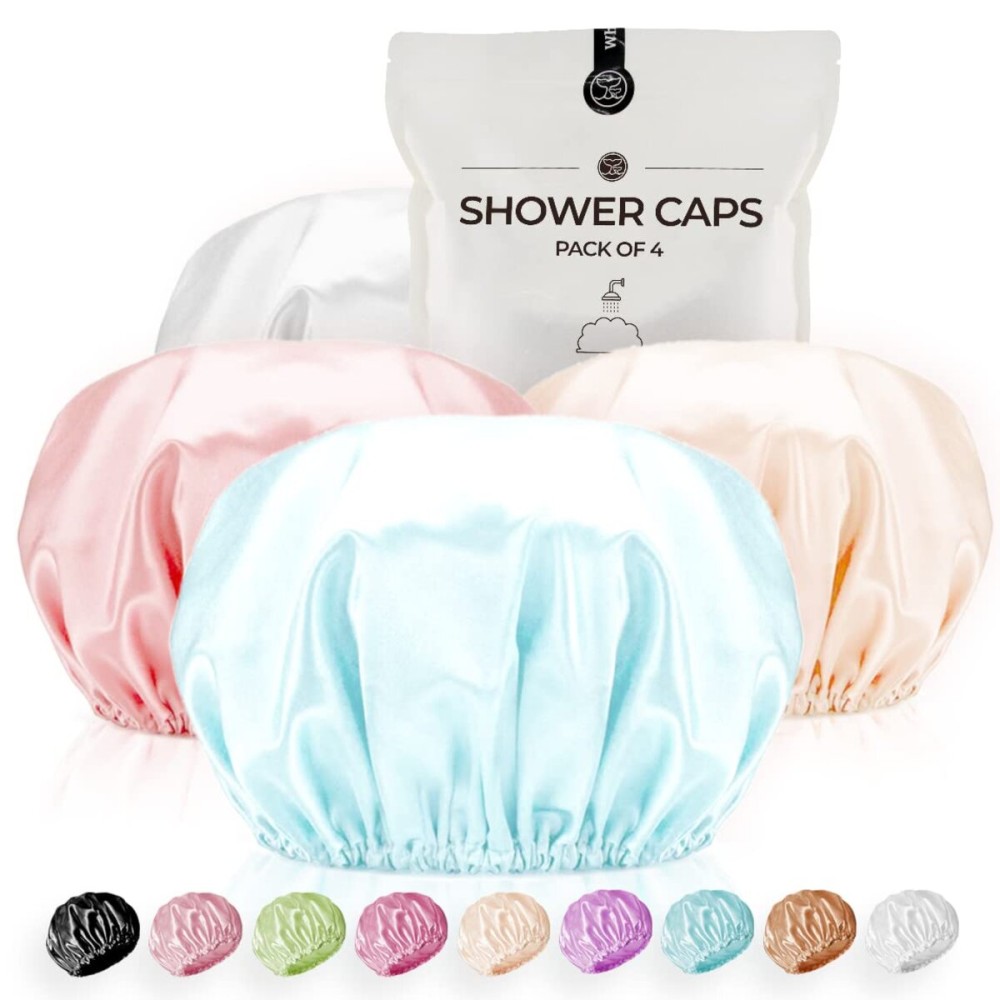 Shower Cap for Women Reusable Extra Large Shower Caps for Men Satin Double Layer EVA Waterproof Long Hair Caps(Light Grey, Light Gold, Peach Pink, Lake Blue 4 Pack)