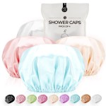 Shower Cap for Women Reusable Extra Large Shower Caps for Men Satin Double Layer EVA Waterproof Long Hair Caps(Light Grey, Light Gold, Peach Pink, Lake Blue 4 Pack)