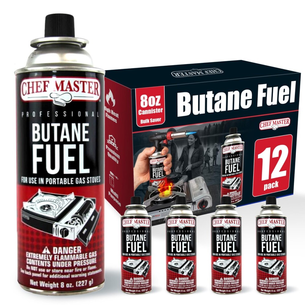 Chef Master 12x 8oz Butane Fuel Canister - Butane Canister for Kitchen Torch & Camp Stove - Gas for Picnics, Outdoor Cooking, Grilling - Camping Fuel Canister, Torch Fuel Camping Essentials - 90340