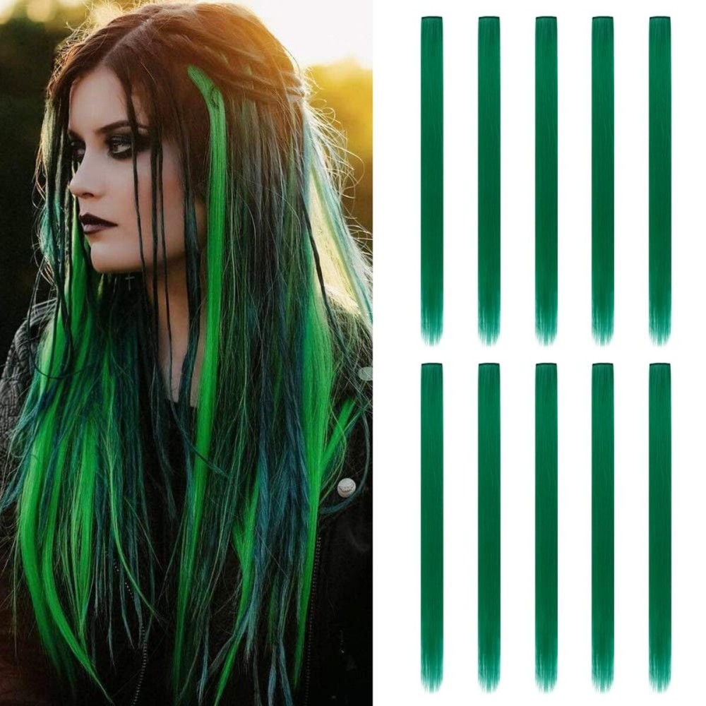 20 Inch Colored Hair Extensions, Party Highlights Straight Colorful Clip In Hair Extensions, Synthetic Rainbow Hairpieces for Girls Kids Gift(10Pcs Green)