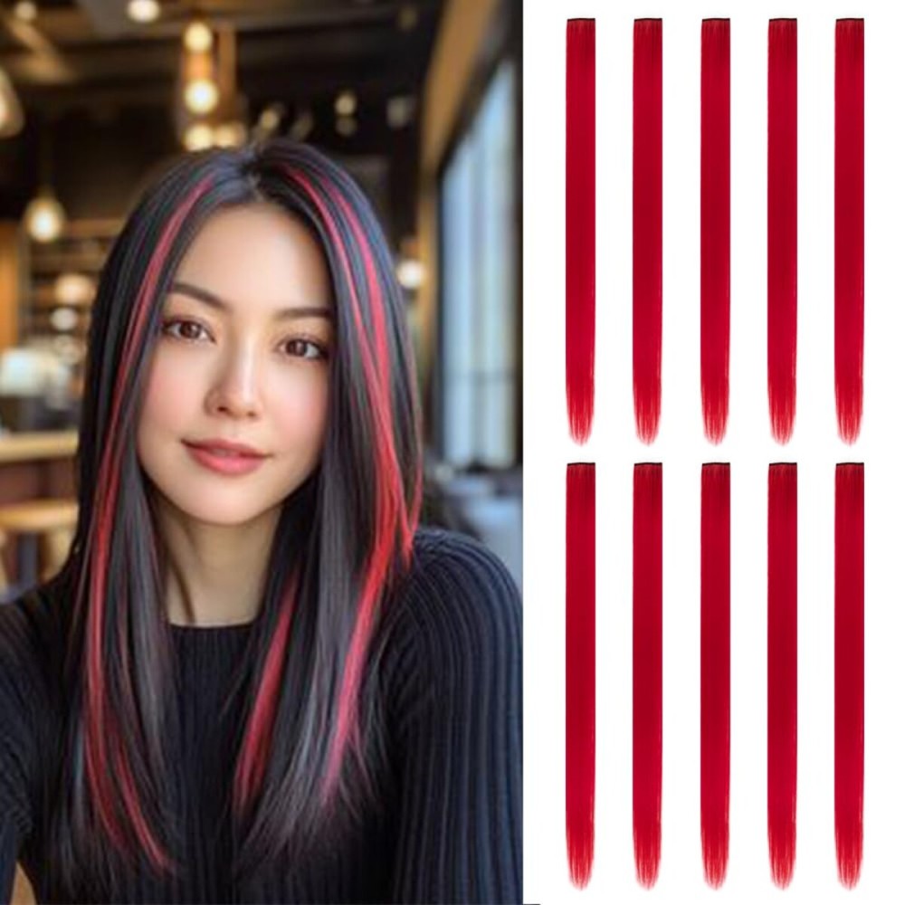 20 Inch Colored Hair Extensions Party Highlights Straight Colorful Clip In Hair Extensions Synthetic Rainbow Hairpieces for Girls Kids Gift(10Pcs Red)