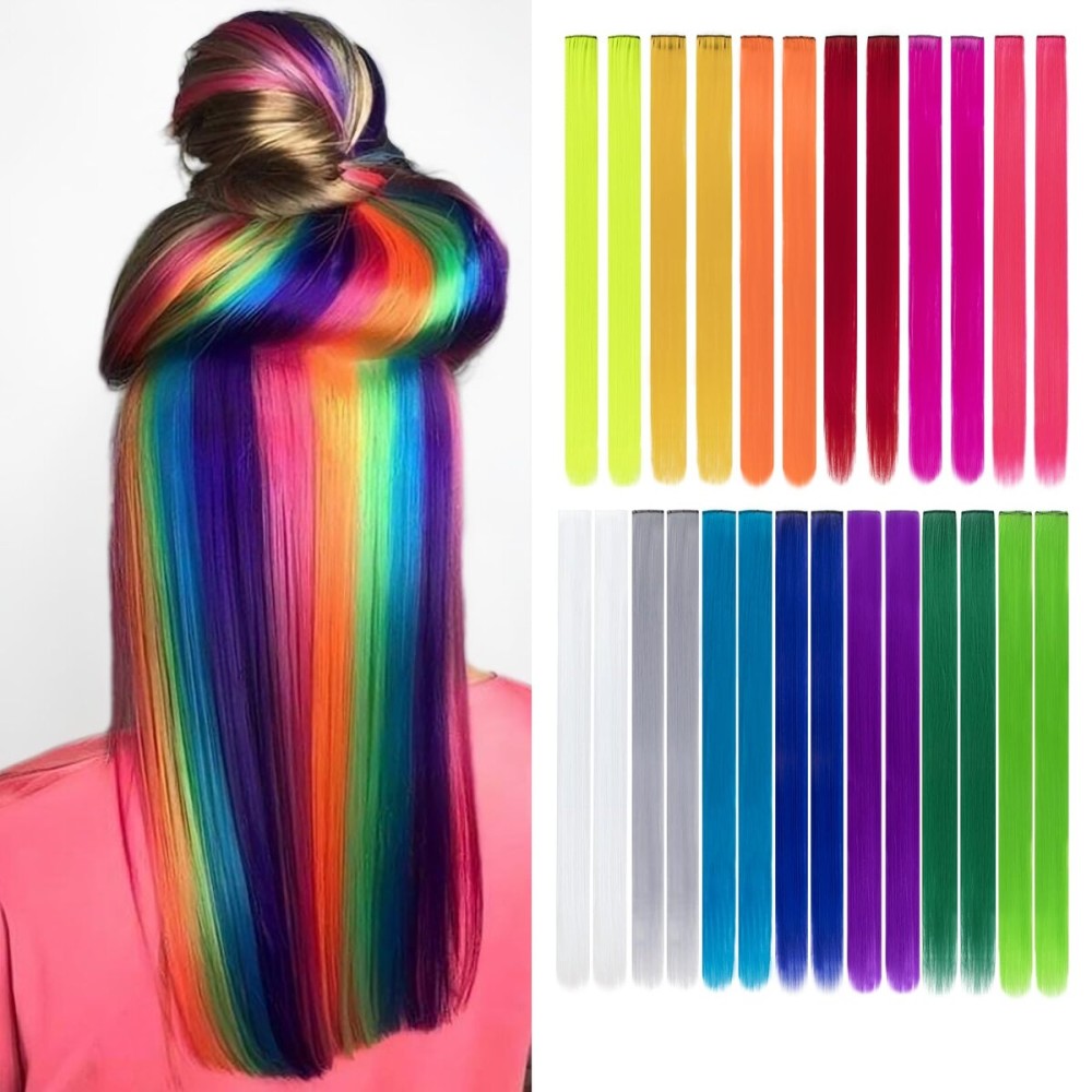 20 Inch Colored Hair Extensions Party Highlights Straight Colorful Clip In Hair Extensions Synthetic Rainbow Hairpieces for Girls Kids Gift(10Pcs Navy Blue)
