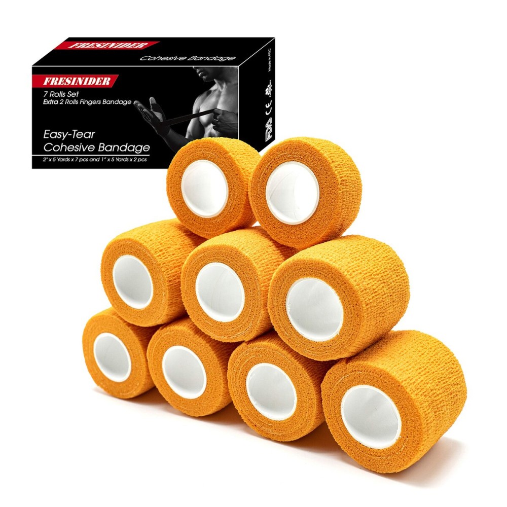 FRESINIDER 9 Rolls Self Adhesive Wrap Athletic Tape Gauze, Breathable Elastic Cohesive Bandage for Sports Injury & Pet (7 Pcs 2 x 5 Yards + 2 Pcs 1 X 5 Yards) (Orange)