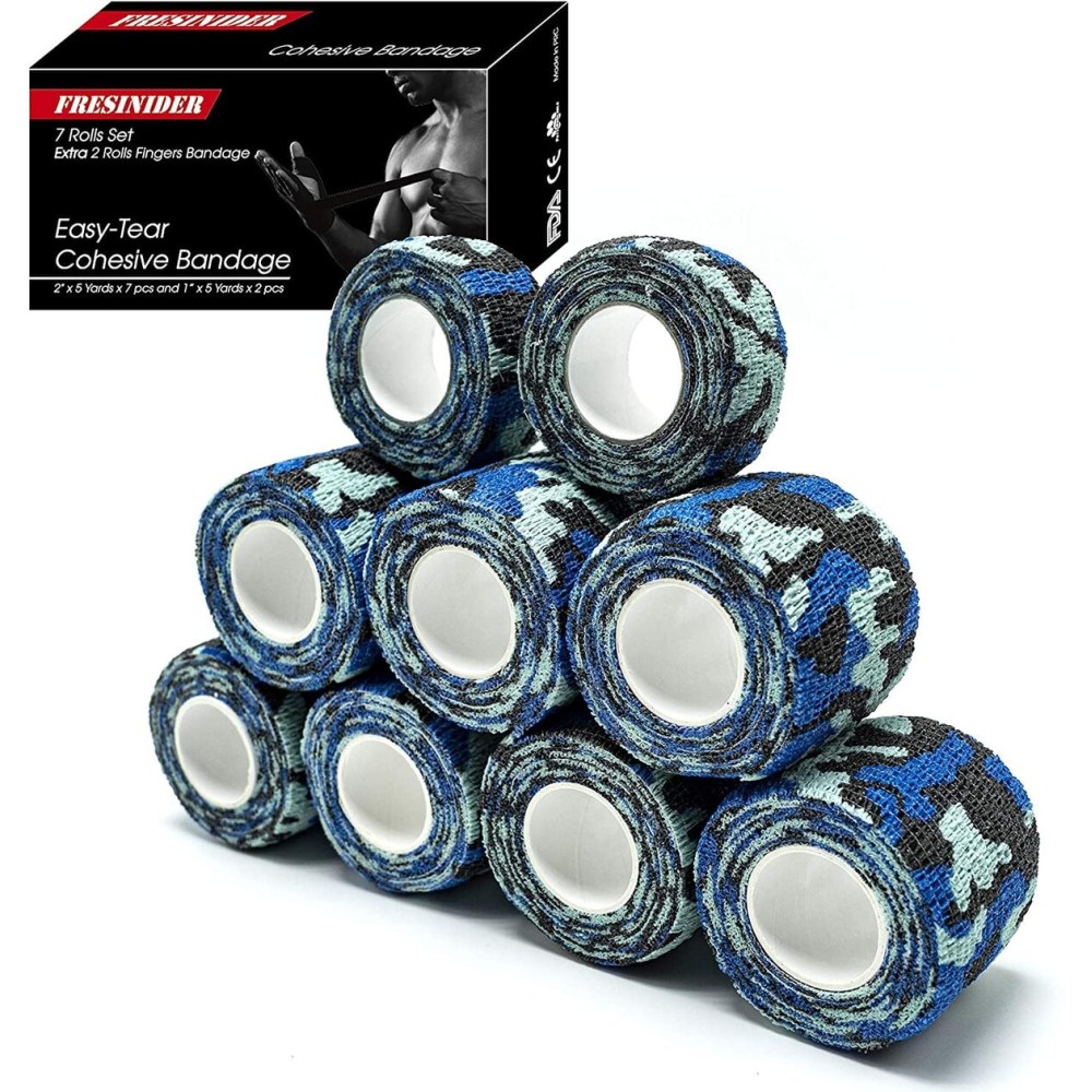 FRESINIDER 9 Rolls Self Adhesive Wrap Athletic Tape Gauze, Breathable Elastic Cohesive Bandage for Sports Injury & Pet (7 Pcs 2 x 5 Yards + 2 Pcs 1 X 5 Yards) (Sea Camo)