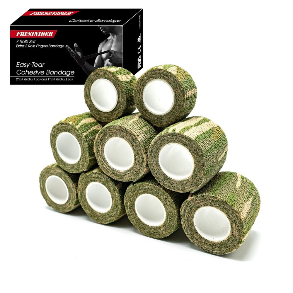 FRESINIDER 9 Rolls Self Adhesive Wrap Athletic Tape Gauze, Breathable Elastic Cohesive Bandage for Sports Injury & Pet (7 Pcs 2 x 5 Yards + 2 Pcs 1 X 5 Yards) (Forest Camo)
