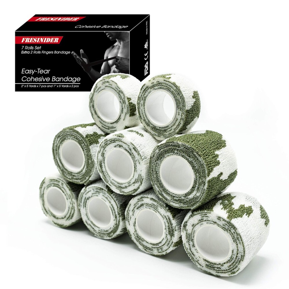 FRESINIDER 9 Rolls Self Adhesive Wrap Athletic Tape Gauze, Breathable Elastic Cohesive Bandage for Sports Injury & Pet (7 Pcs 2 x 5 Yards + 2 Pcs 1 X 5 Yards) (Snow Camo)