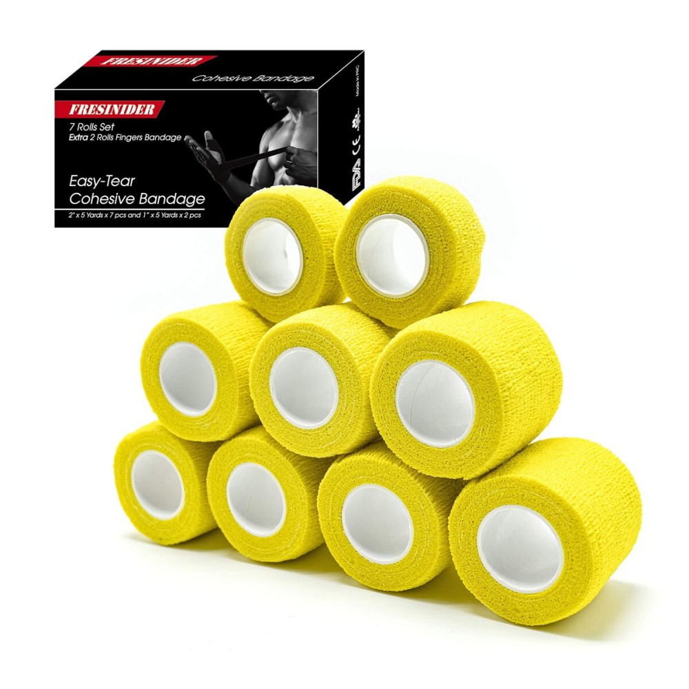 FRESINIDER 9 Rolls Self Adhesive Wrap Athletic Tape Gauze, Breathable Elastic Cohesive Bandage for Sports Injury & Pet (7 Pcs 2 x 5 Yards + 2 Pcs 1 X 5 Yards) (Yellow)