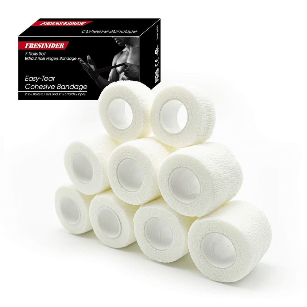 FRESINIDER 9 Rolls Self Adhesive Wrap Athletic Tape Gauze, Breathable Elastic Cohesive Bandage for Sports Injury & Pet (7 Pcs 2 x 5 Yards + 2 Pcs 1 X 5 Yards) (White)