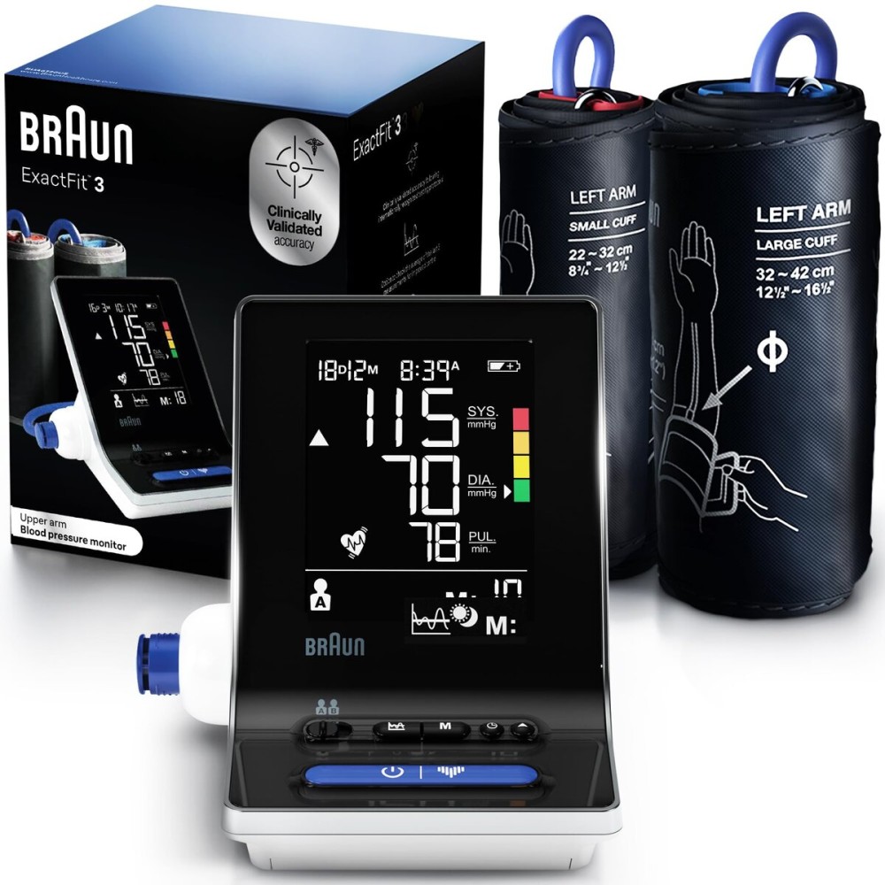 Braun ExactFit 3 Blood Pressure Monitor for Home Use, Blood Pressure Machine, Color-Coded, High BP Monitor, 2 Upper Arm Cuff Sizes, 80 Memory Slots